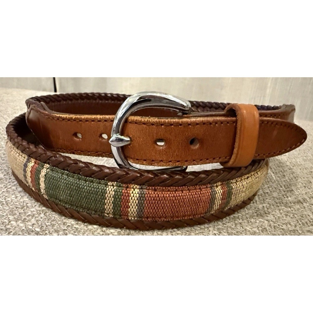 Vintage Brown Leather Woven Fabric Belt Size 42 Southwestern Plaid Braided